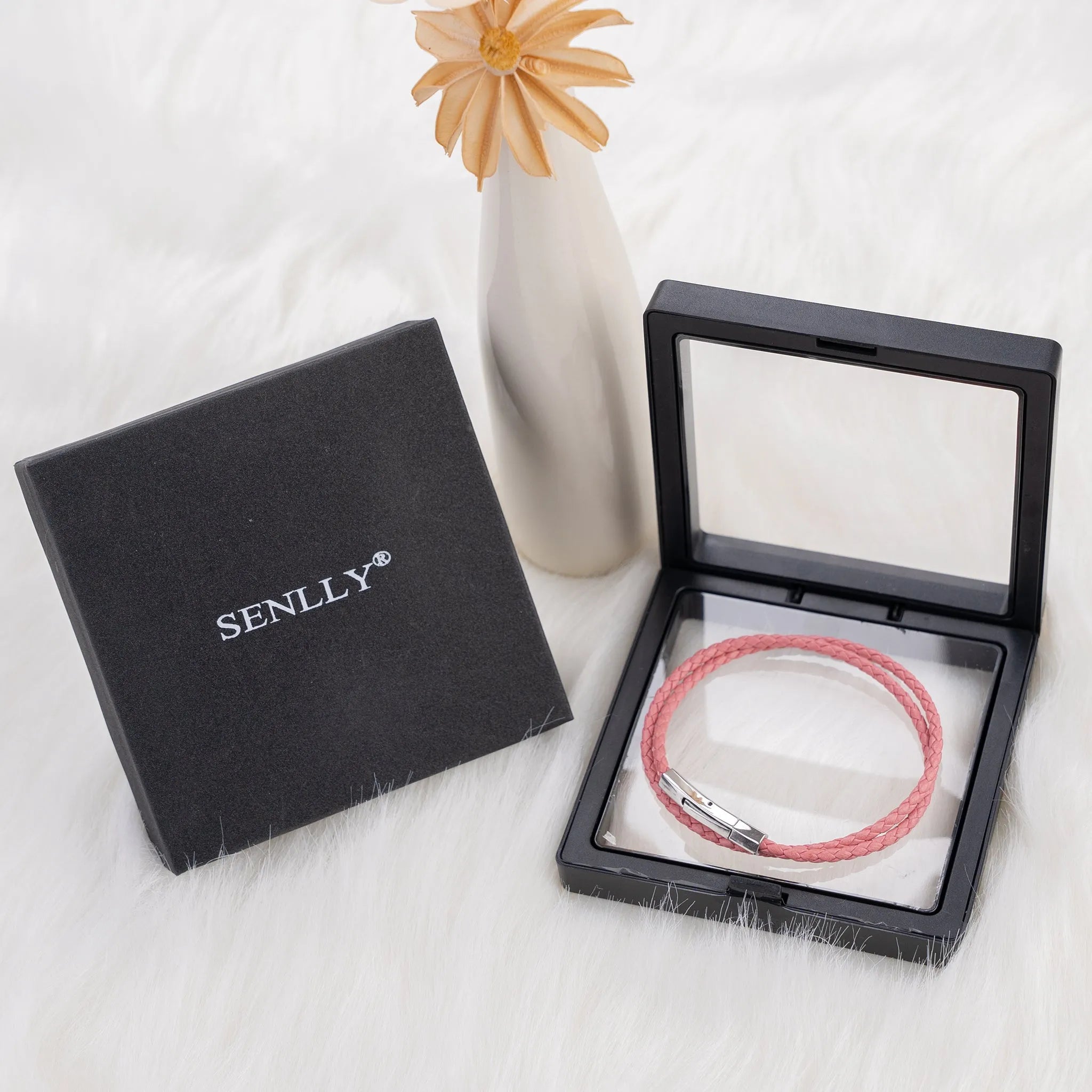 Braided Genuine Leather Pink Bracelet - Hexagonal Arc Silver Snap Button - SENLLY