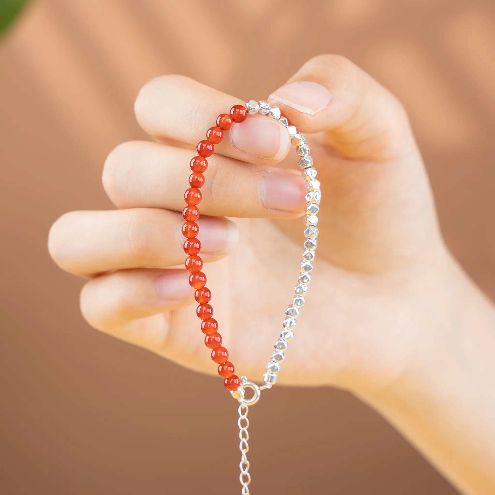 Dual Essence Gemstone Beaded Bracelet - Red Agate & Silver