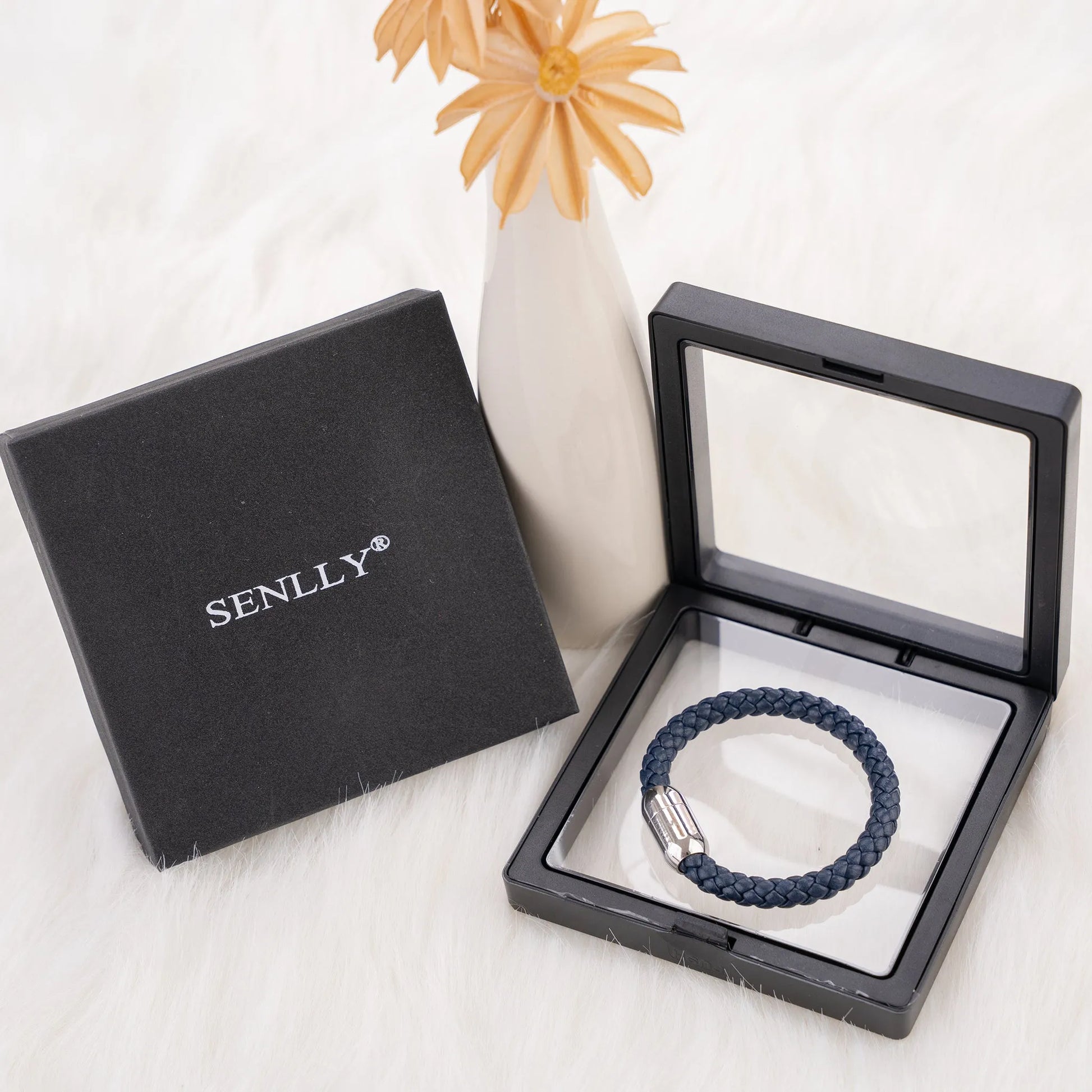 Braided Genuine Leather Blue Bracelet - Capsule Silver Magnetic Clasp - SENLLY