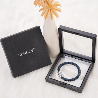 Braided Genuine Leather Blue Bracelet - Capsule Silver Magnetic Clasp - SENLLY