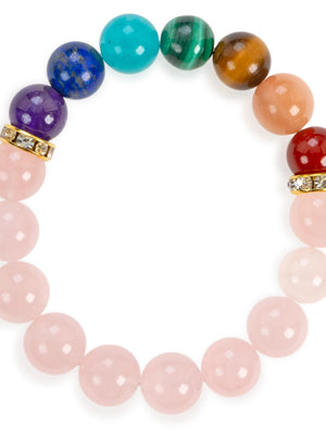 SENLLY 7 Chakra Beaded Stretch Bracelet with Rose Quartz, Handmade Natural Stone Jewelry for Balance & Protection