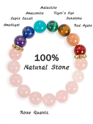 SENLLY 7 Chakra Beaded Stretch Bracelet with Rose Quartz, Handmade Natural Stone Jewelry for Balance & Protection