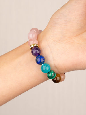 SENLLY 7 Chakra Beaded Stretch Bracelet with Rose Quartz, Handmade Natural Stone Jewelry for Balance & Protection