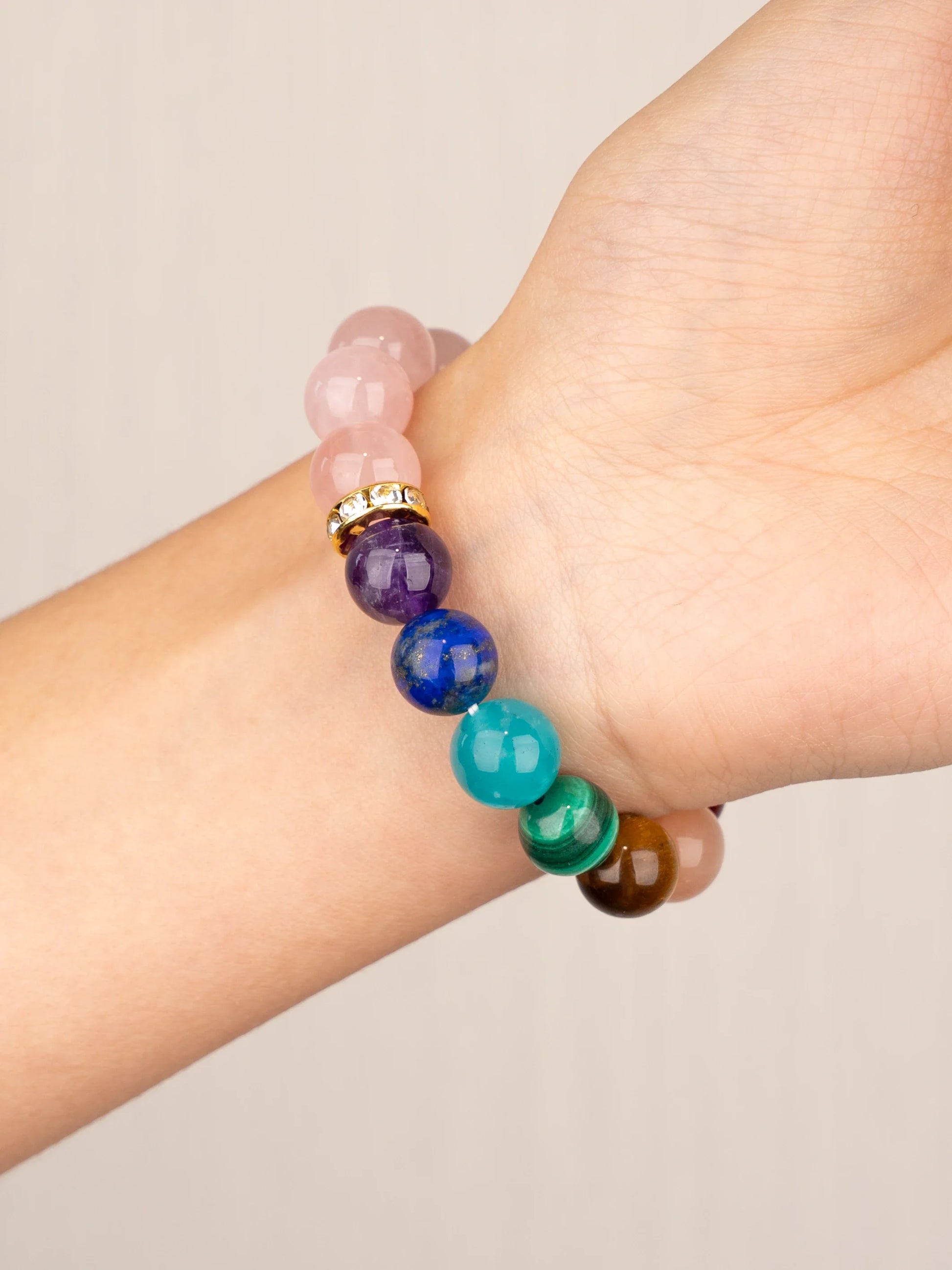 SENLLY 7 Chakra Beaded Stretch Bracelet with Rose Quartz, Handmade Natural Stone Jewelry for Balance & Protection