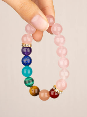 SENLLY 7 Chakra Beaded Stretch Bracelet with Rose Quartz, Handmade Natural Stone Jewelry for Balance & Protection