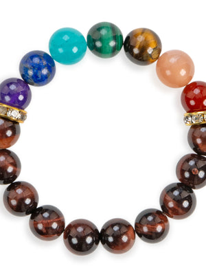 SENLLY 7 Chakra Beaded Stretch Bracelet with Red Tiger's Eye, Handmade Natural Stone Jewelry for Balance & Protection