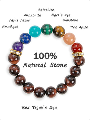 SENLLY 7 Chakra Beaded Stretch Bracelet with Red Tiger's Eye, Handmade Natural Stone Jewelry for Balance & Protection
