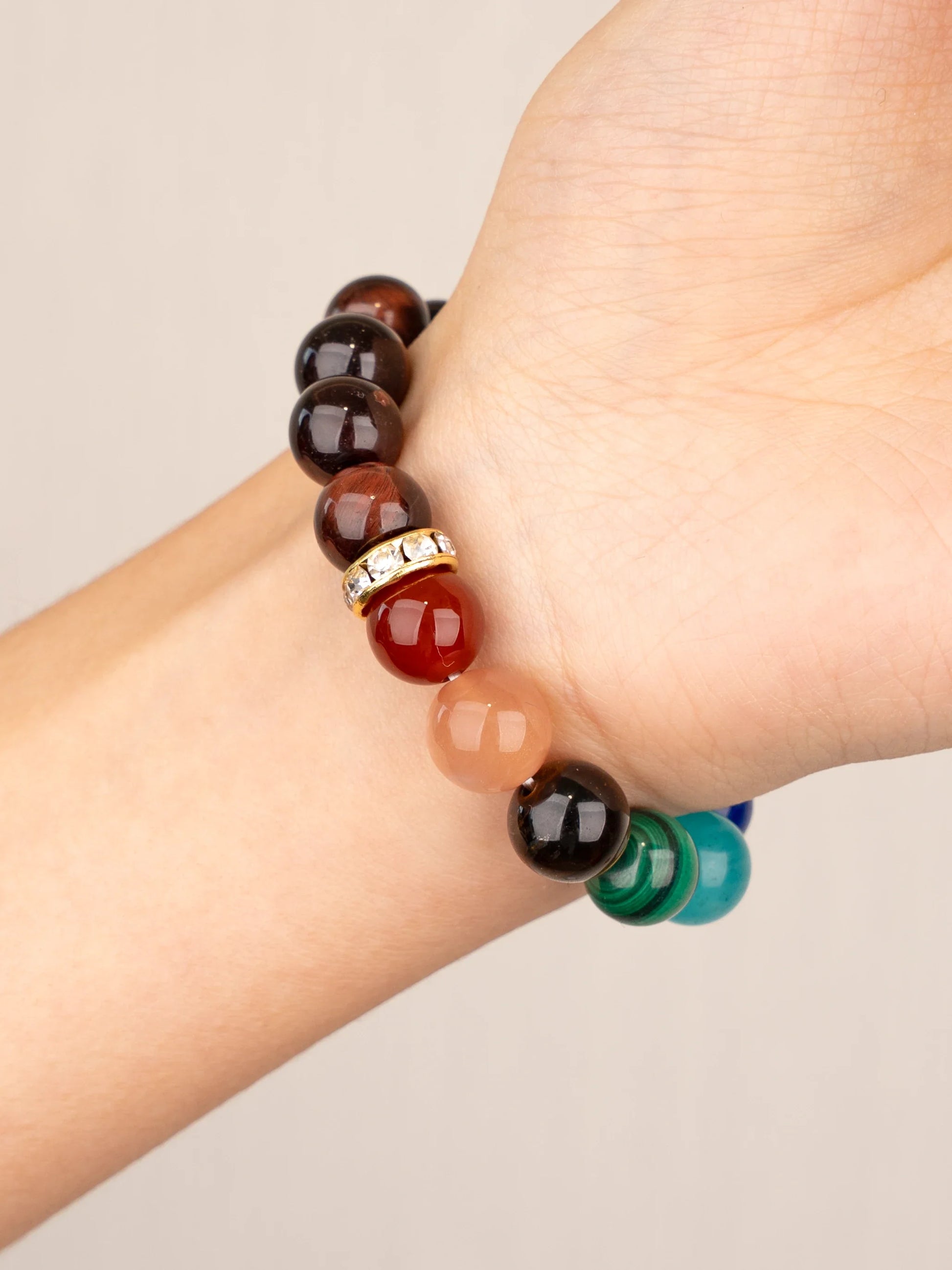 SENLLY 7 Chakra Beaded Stretch Bracelet with Red Tiger's Eye, Handmade Natural Stone Jewelry for Balance & Protection