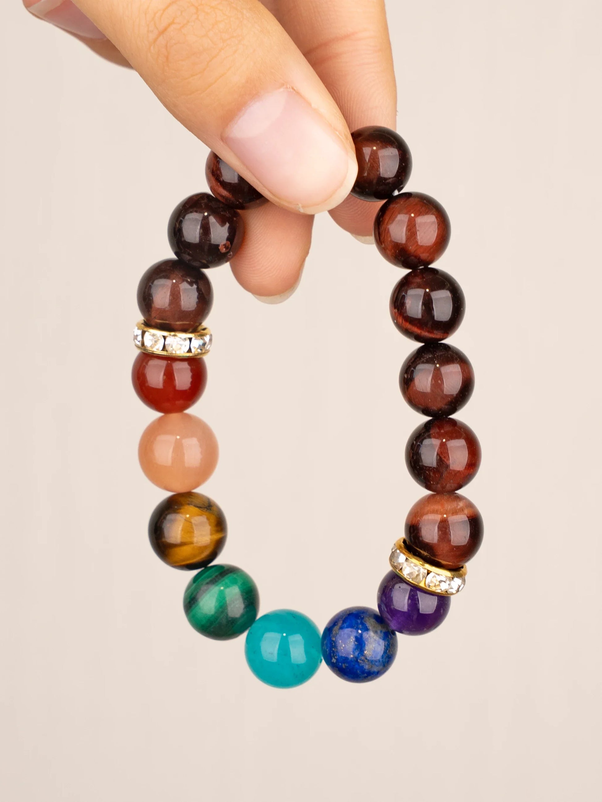 SENLLY 7 Chakra Beaded Stretch Bracelet with Red Tiger's Eye, Handmade Natural Stone Jewelry for Balance & Protection