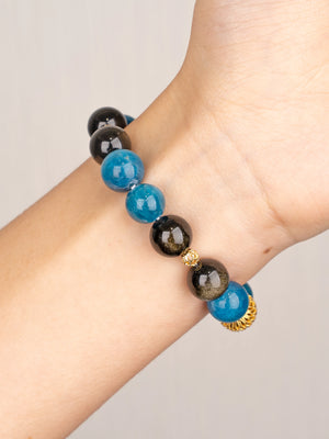 SENLLY Ocean Ember - Beaded Stretch Bracelet with Natural Blue Apatite & Gold Obsidian, Handcrafted Natural Stone Jewelry with Gold Accents for Strength, Balance & Modern Contrast