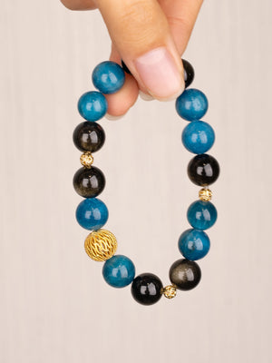 SENLLY Ocean Ember - Beaded Stretch Bracelet with Natural Blue Apatite & Gold Obsidian, Handcrafted Natural Stone Jewelry with Gold Accents for Strength, Balance & Modern Contrast