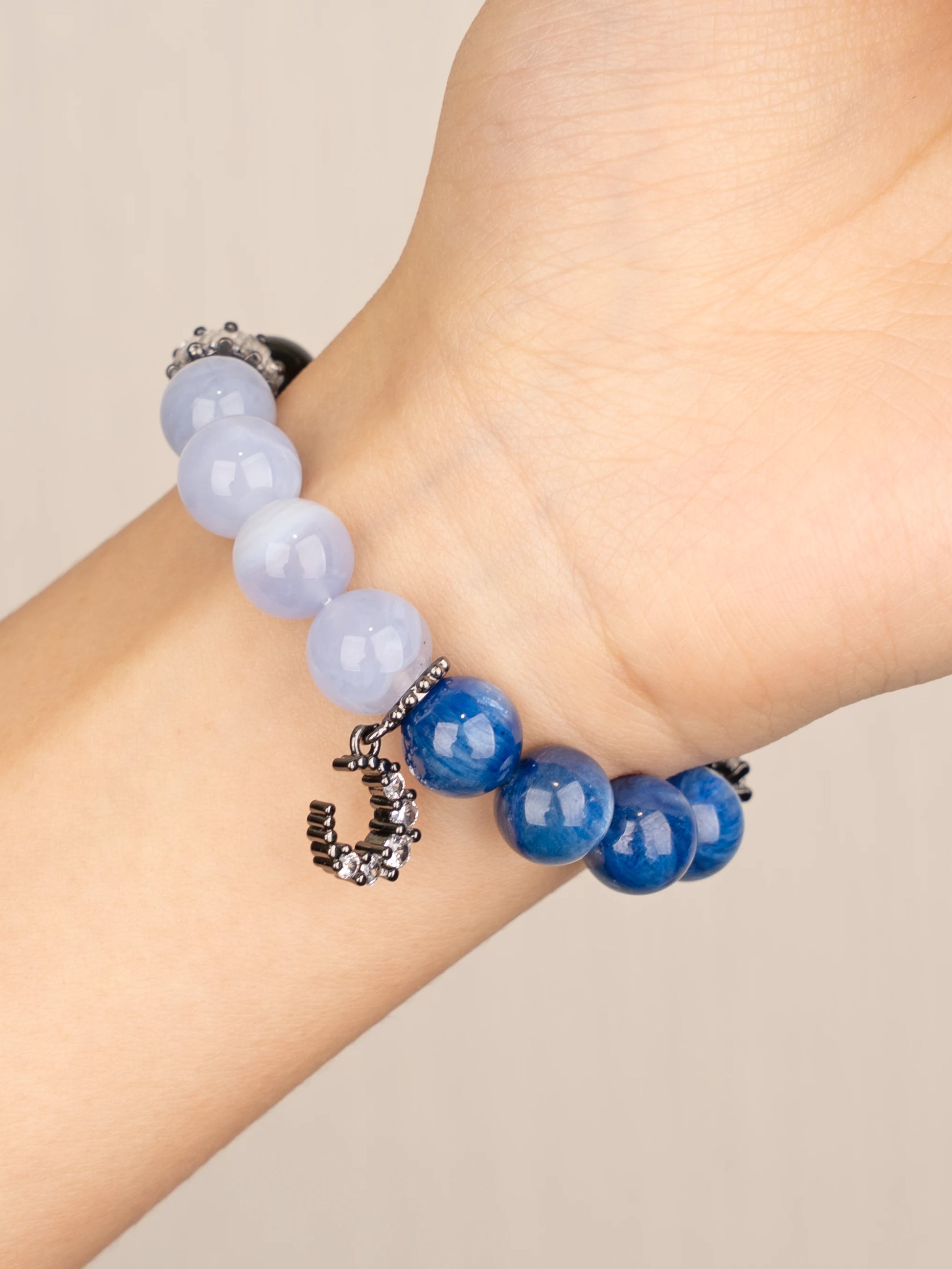 SENLLY Moonlit Serenity - Beaded Bracelet with Silver Obsidian, Blue Lace Agate & Kyanite, Handmade Natural Stone Jewelry with Crescent Charm for Protection & Clarity