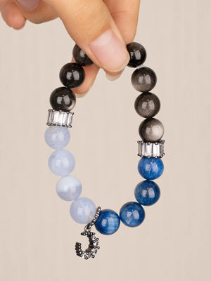 SENLLY Moonlit Serenity - Beaded Bracelet with Silver Obsidian, Blue Lace Agate & Kyanite, Handmade Natural Stone Jewelry with Crescent Charm for Protection & Clarity