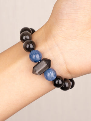 SENLLY Midnight Clarity - Kyanite & Silver Obsidian Bracelet, Handcrafted Natural Stone Jewelry for Focus, Balance & Modern Style