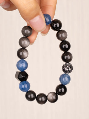 SENLLY Midnight Clarity - Kyanite & Silver Obsidian Bracelet, Handcrafted Natural Stone Jewelry for Focus, Balance & Modern Style