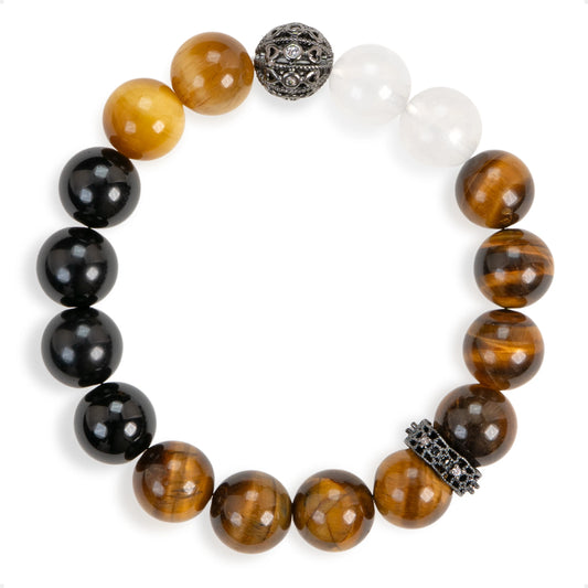 SENLLY Golden Focus - Beaded Bracelet with Tiger Eye, Gold Tiger Eye, Black Agate & White Agate, Handmade Natural Stone Jewelry for Confidence, Clarity & Balance