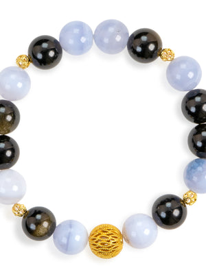 SENLLY Frosted Wave - Beaded Stretch Bracelet with Blue Lace Agate & Black Agate, Handcrafted Natural Stone Jewelry with Gold Accents for Balance, Clarity & Modern Contrast