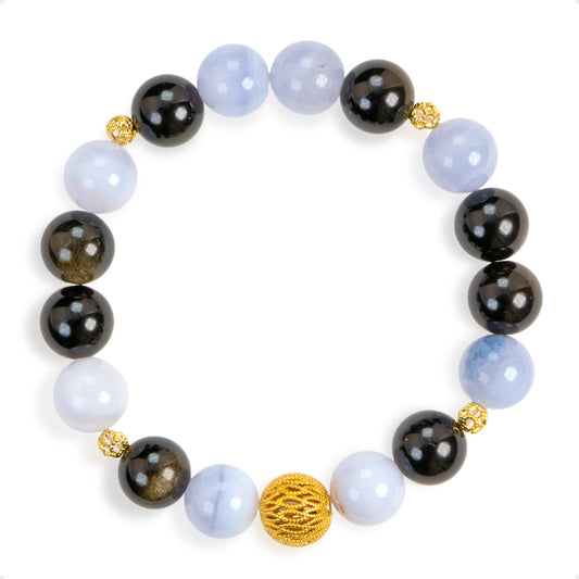 SENLLY Frosted Wave - Beaded Stretch Bracelet with Blue Lace Agate & Black Agate, Handcrafted Natural Stone Jewelry with Gold Accents for Balance, Clarity & Modern Contrast
