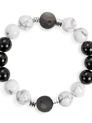 SENLLY Monochrome Balance - Beaded Stretch Bracelet with Black Agate, Howlite & Silver Obsidian, Handmade Natural Stone Jewelry for Calm, Clarity & Balance