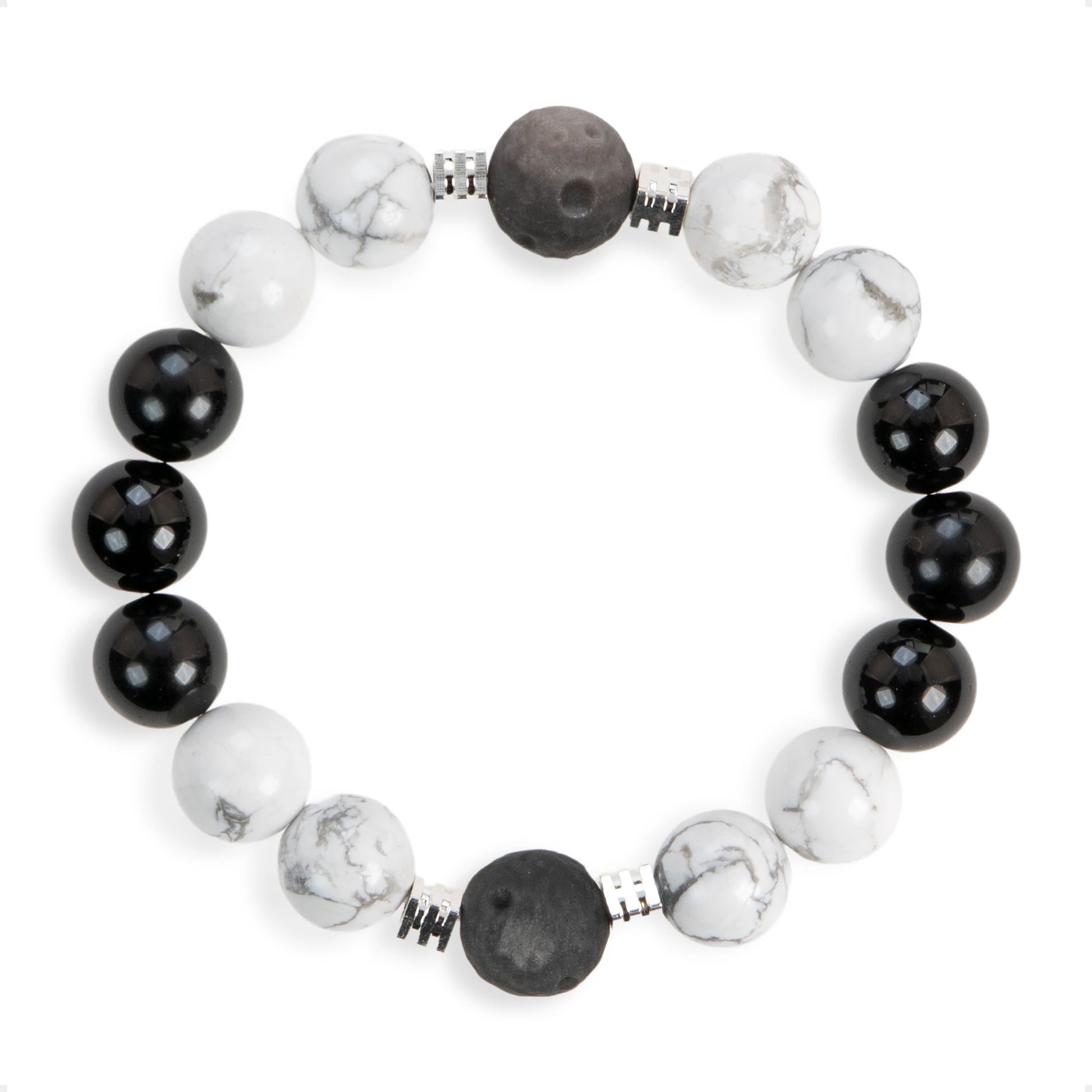 SENLLY Monochrome Balance - Beaded Stretch Bracelet with Black Agate, Howlite & Silver Obsidian, Handmade Natural Stone Jewelry for Calm, Clarity & Balance
