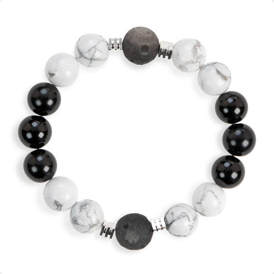 SENLLY Monochrome Balance - Beaded Stretch Bracelet with Black Agate, Howlite & Silver Obsidian, Handmade Natural Stone Jewelry for Calm, Clarity & Balance