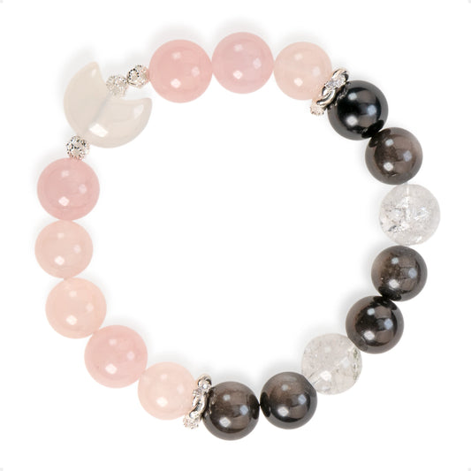SENLLY Moonlit Affection - Natural Rose Quartz, Silver Obsidian & Azeztulite Beaded Bracelet, Handcrafted Natural Stone Jewelry for Harmony, Clarity & Emotional Balance