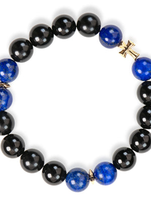 SENLLY Midnight Cross - Beaded Stretch Bracelet with Lapis Lazuli & Black Agate, Handcrafted Natural Stone Jewelry with Gold Accents for Strength, Clarity & Modern Style