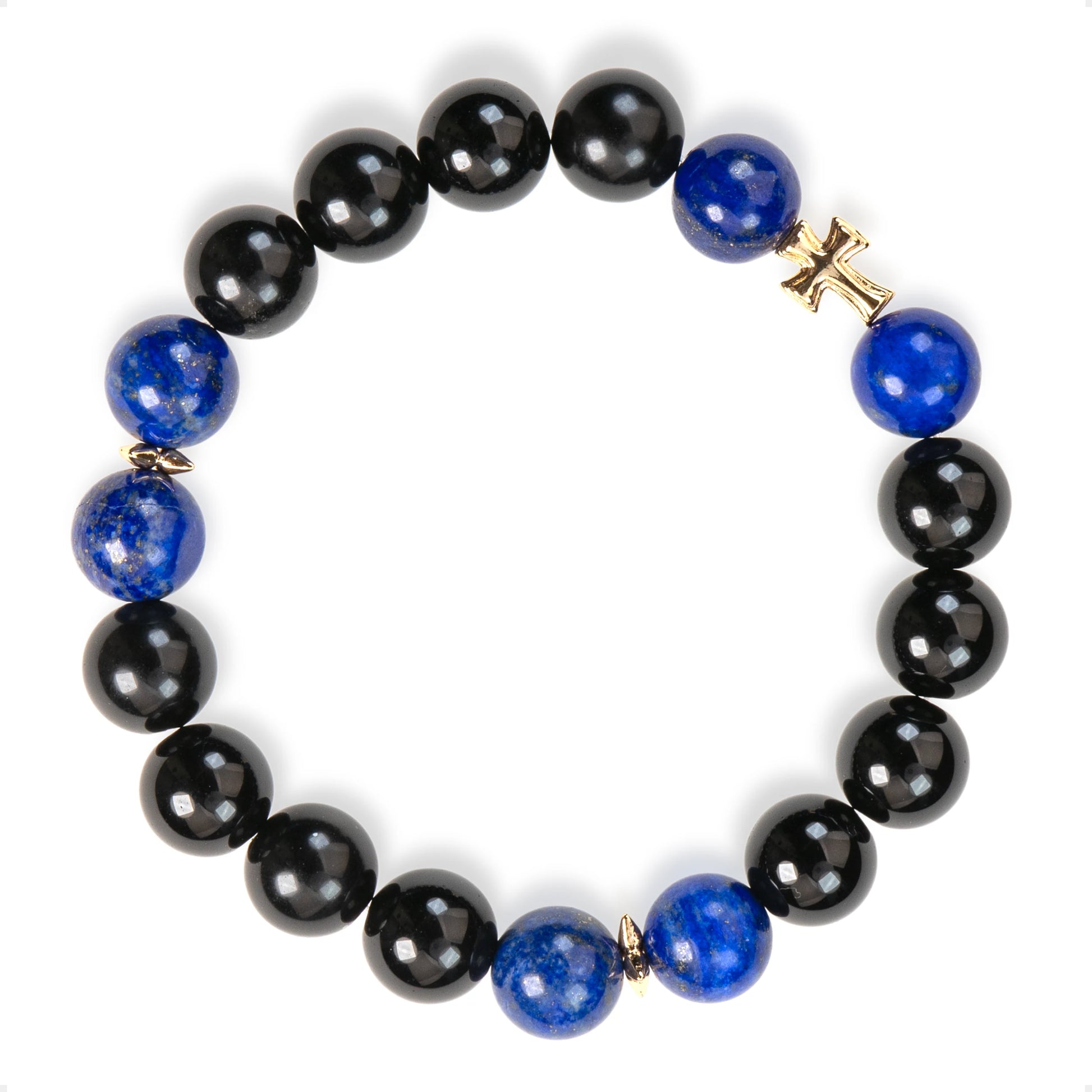 SENLLY Midnight Cross - Beaded Stretch Bracelet with Lapis Lazuli & Black Agate, Handcrafted Natural Stone Jewelry with Gold Accents for Strength, Clarity & Modern Style