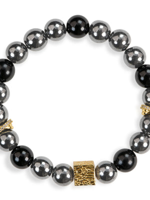 SENLLY Obsidian Forge - Handmade Black Agate & Natural Hematite Bracelet with Gold Square Accent, Natural Stone Beaded Stretch Jewelry