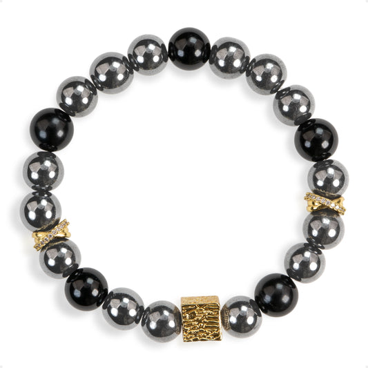 SENLLY Obsidian Forge - Handmade Black Agate & Natural Hematite Bracelet with Gold Square Accent, Natural Stone Beaded Stretch Jewelry