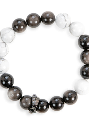 SENLLY Marble Shadow - Beaded Stretch Bracelet with Silver Obsidian & Howlite, Handcrafted Natural Stone Jewelry for Balance, Calm & Clarity