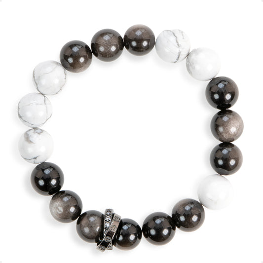 SENLLY Marble Shadow - Beaded Stretch Bracelet with Silver Obsidian & Howlite, Handcrafted Natural Stone Jewelry for Balance, Calm & Clarity