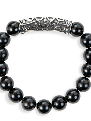 SENLLY Midnight Carve - Beaded Stretch Bracelet with Black Agate & Vintage Silver Tube, Handcrafted Natural Stone Jewelry for Strength, Grounding & Modern Minimalism