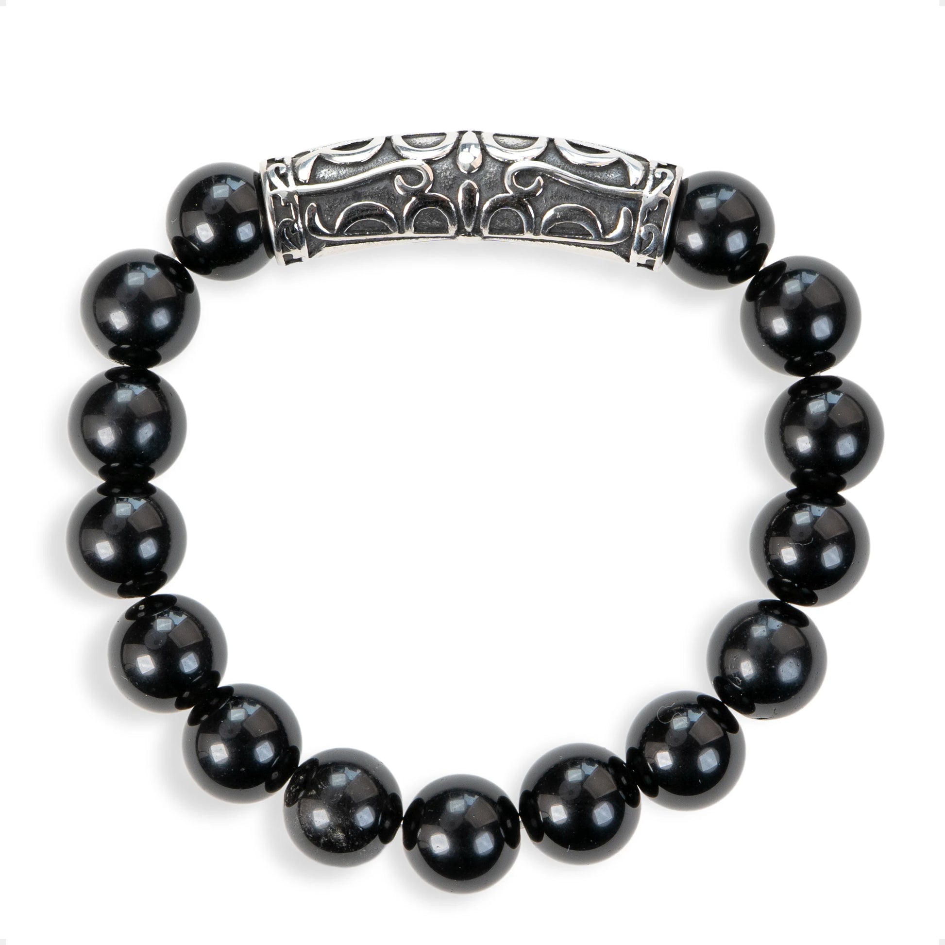 SENLLY Midnight Carve - Beaded Stretch Bracelet with Black Agate & Vintage Silver Tube, Handcrafted Natural Stone Jewelry for Strength, Grounding & Modern Minimalism