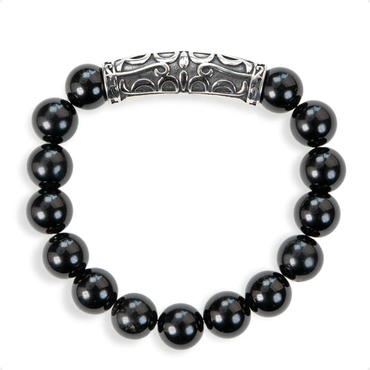SENLLY Midnight Carve - Beaded Stretch Bracelet with Black Agate & Vintage Silver Tube, Handcrafted Natural Stone Jewelry for Strength, Grounding & Modern Minimalism