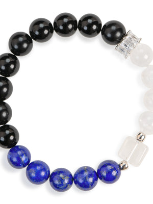 SENLLY Midnight Square - Beaded Stretch Bracelet with Lapis Lazuli, White Agate & Black Agate, Handmade Natural Stone Jewelry with Square Gem Accent