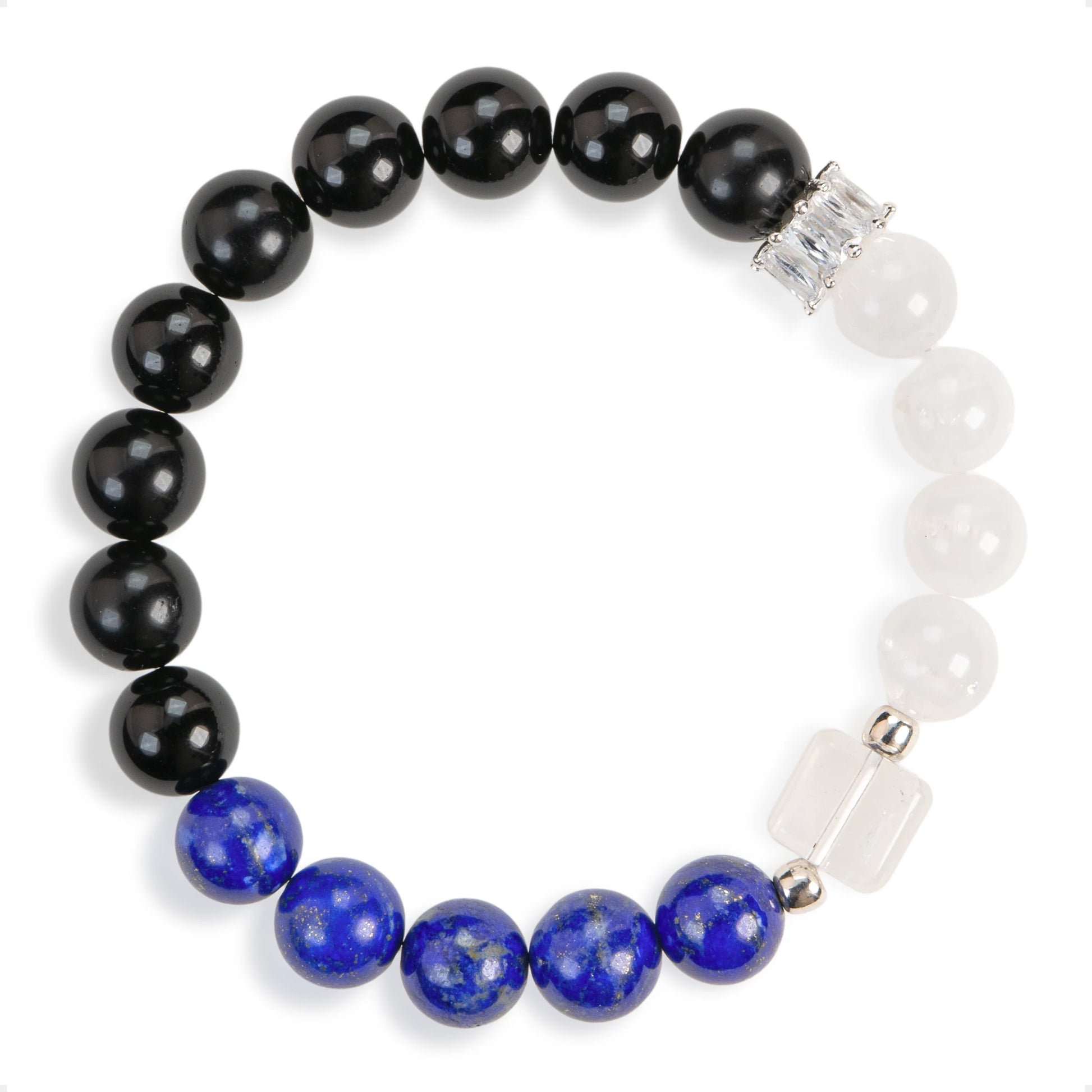 SENLLY Midnight Square - Beaded Stretch Bracelet with Lapis Lazuli, White Agate & Black Agate, Handmade Natural Stone Jewelry with Square Gem Accent