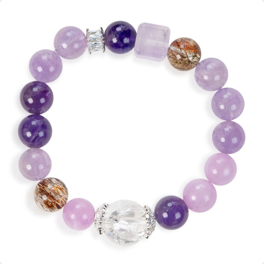 SENLLY Lavender Harmony - Beaded Stretch Bracelet with Natural Amethyst, Lavender Amethyst & Clear Quartz, Handcrafted Natural Stone Jewelry for Calm, Clarity & Emotional Balance