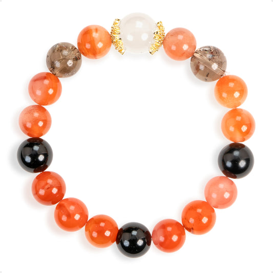 SENLLY Ember Harmony - Beaded Stretch Bracelet with Natural South Red Agate, White Agate, Smoky Quartz & Black Agate, Handcrafted Natural Stone Jewelry for Energy, Balance & Confidence