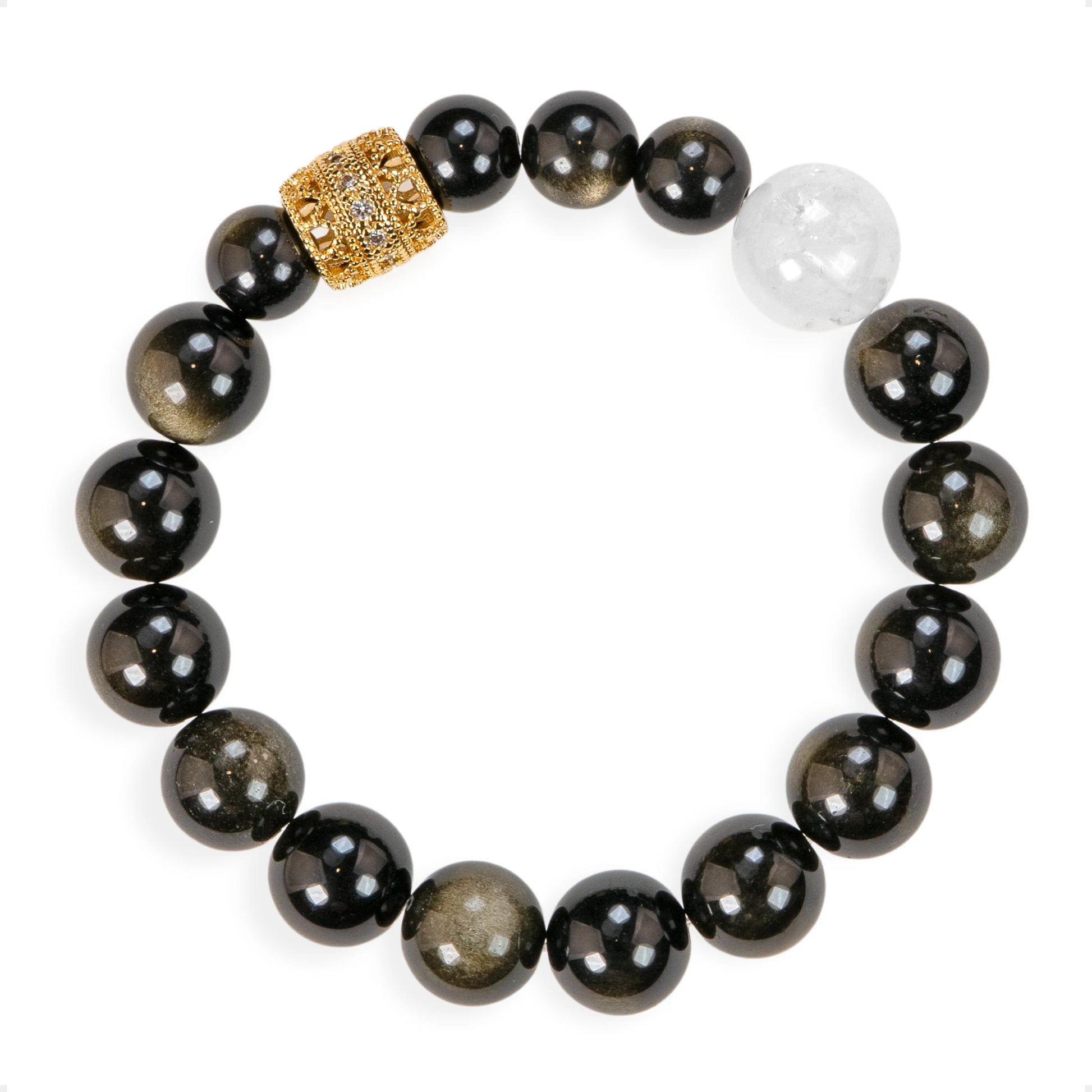 SENLLY Midnight Shield - Beaded Stretch Bracelet with Natural Gold Obsidian & White Agate, Handcrafted Natural Stone Jewelry for Protection & Strength
