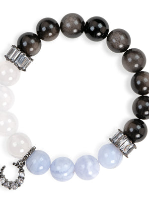 SENLLY Moonlit Purity - Beaded Bracelet with Silver Obsidian, White Agate & Blue Lace Agate, Handmade Natural Stone Jewelry with Crescent Charm for Protection & Emotional Calm
