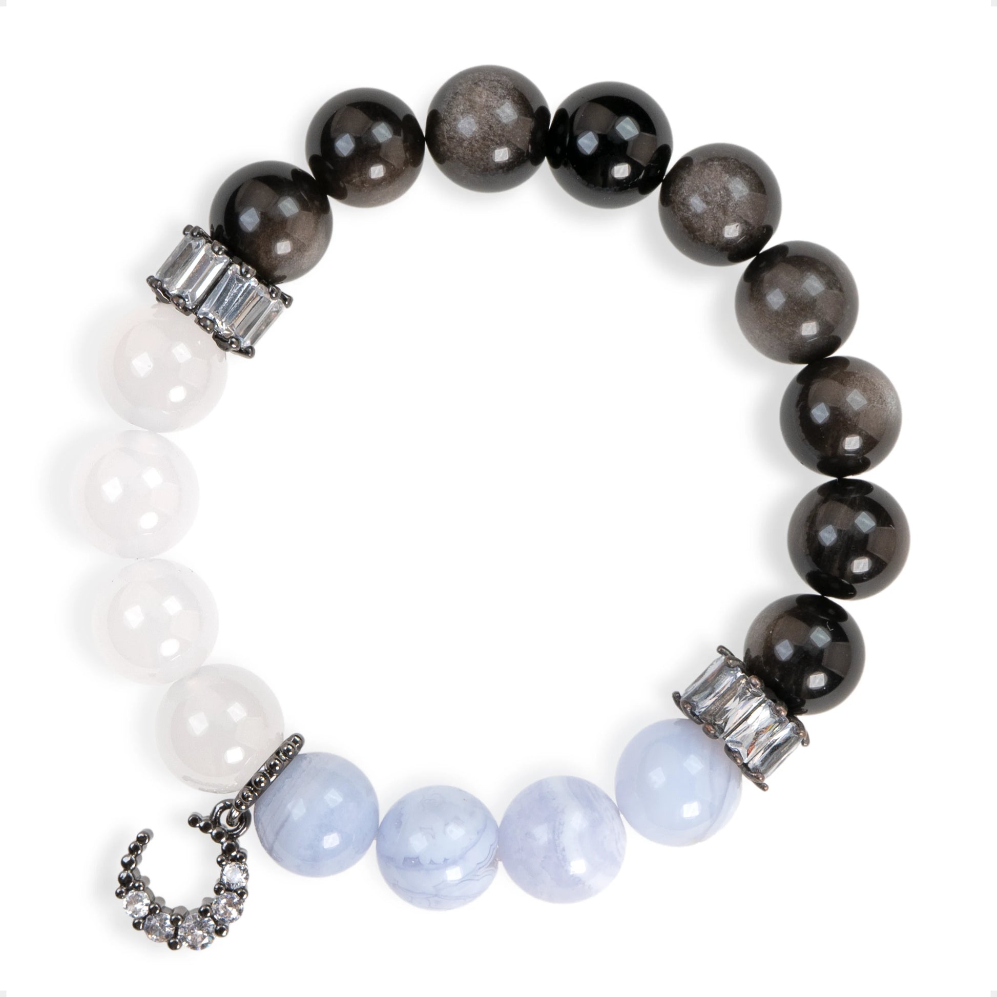 SENLLY Moonlit Purity - Beaded Bracelet with Silver Obsidian, White Agate & Blue Lace Agate, Handmade Natural Stone Jewelry with Crescent Charm for Protection & Emotional Calm
