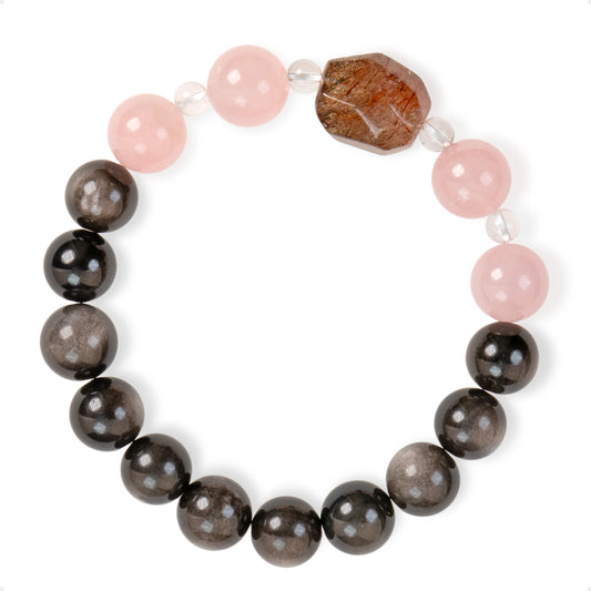 SENLLY Midnight Rose Aura - Beaded Bracelet with Natural Rose Quartz, Gold Obsidian & Clear Quartz, Handcrafted Natural Stone Jewelry Featuring a Black Gold Super Seven Centerpiece