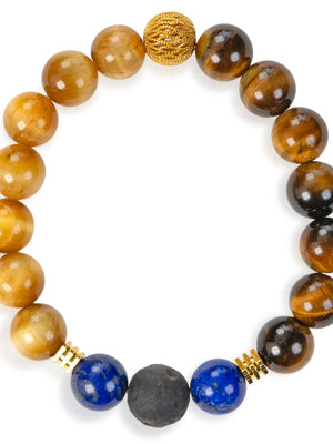 SENLLY Regal Golden Vision - Gold Tiger Eye, Lapis Lazuli & Silver Obsidian Beaded Bracelet, Handcrafted Natural Stone Jewelry for Strength, Insight & Confidence