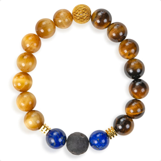 SENLLY Regal Golden Vision - Gold Tiger Eye, Lapis Lazuli & Silver Obsidian Beaded Bracelet, Handcrafted Natural Stone Jewelry for Strength, Insight & Confidence