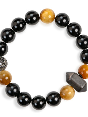 SENLLY Ember Shadow - Black Agate, Tiger Eye & Silver Obsidian Bracelet, Handcrafted Natural Stone Jewelry for Strength & Modern Style