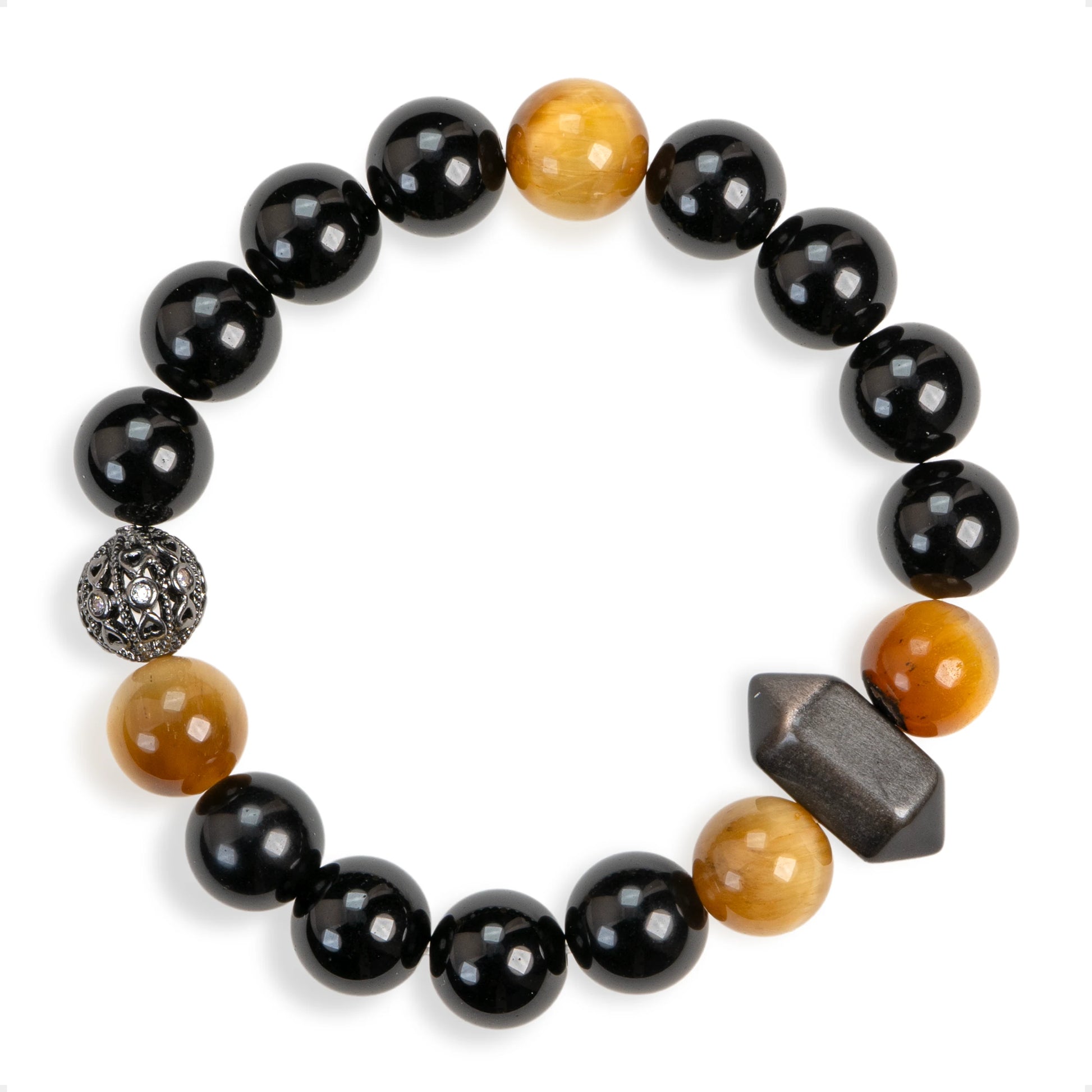 SENLLY Ember Shadow - Black Agate, Tiger Eye & Silver Obsidian Bracelet, Handcrafted Natural Stone Jewelry for Strength & Modern Style