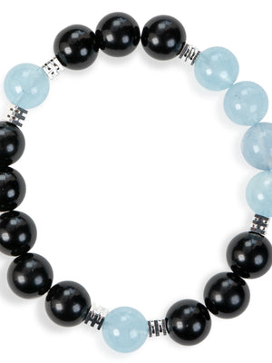 SENLLY Ocean Focus - Beaded Stretch Bracelet with Natural Aquamarine & Black Agate, Handcrafted Natural Stone Jewelry for Clarity, Strength & Balance