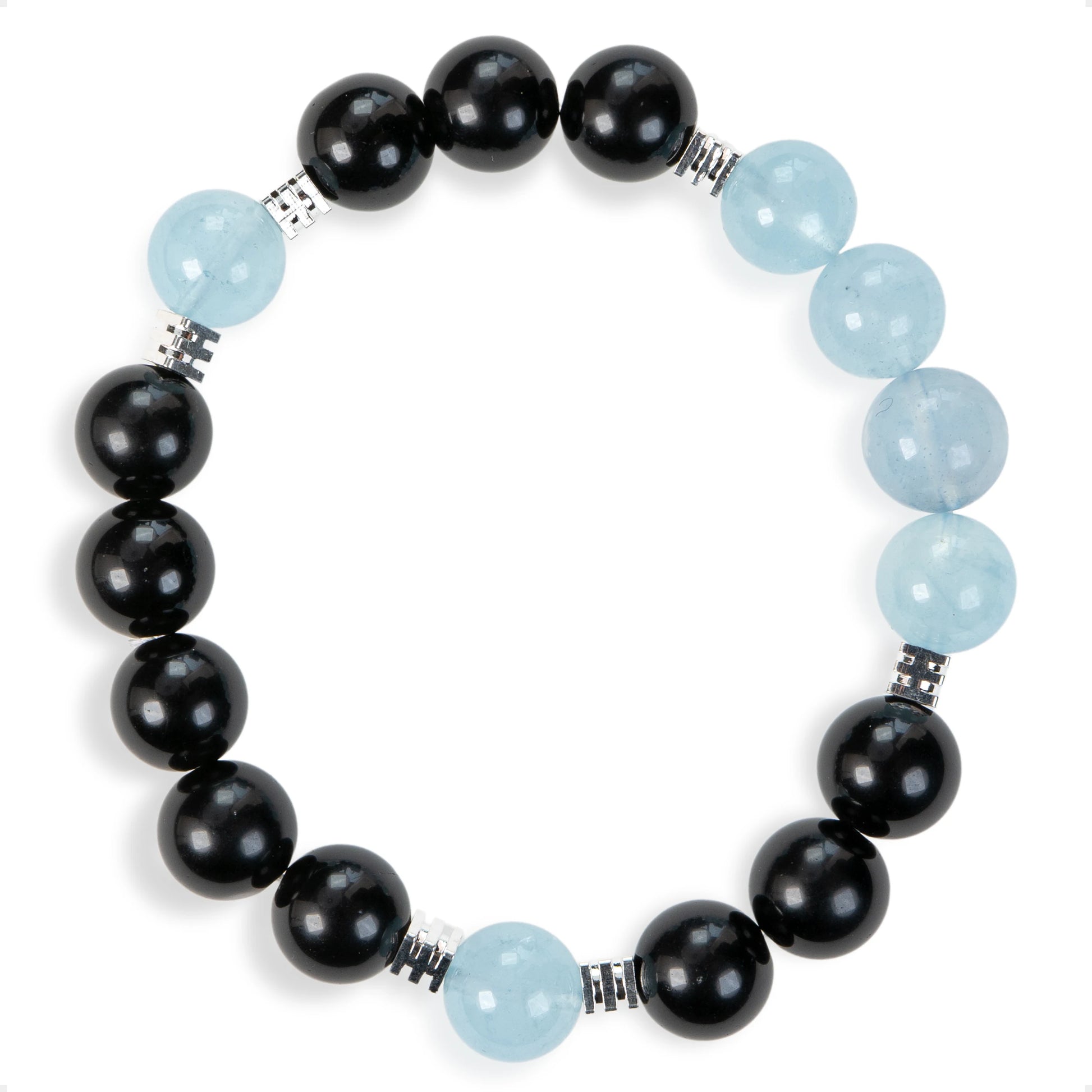 SENLLY Ocean Focus - Beaded Stretch Bracelet with Natural Aquamarine & Black Agate, Handcrafted Natural Stone Jewelry for Clarity, Strength & Balance