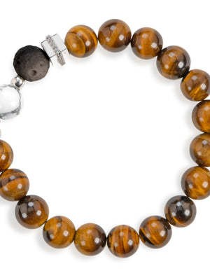 SENLLY Golden Vanguard - Beaded Stretch Bracelet with Natural Tiger Eye, Silver Obsidian & Howlite, Handcrafted Natural Stone Jewelry for Strength, Confidence & Grounding